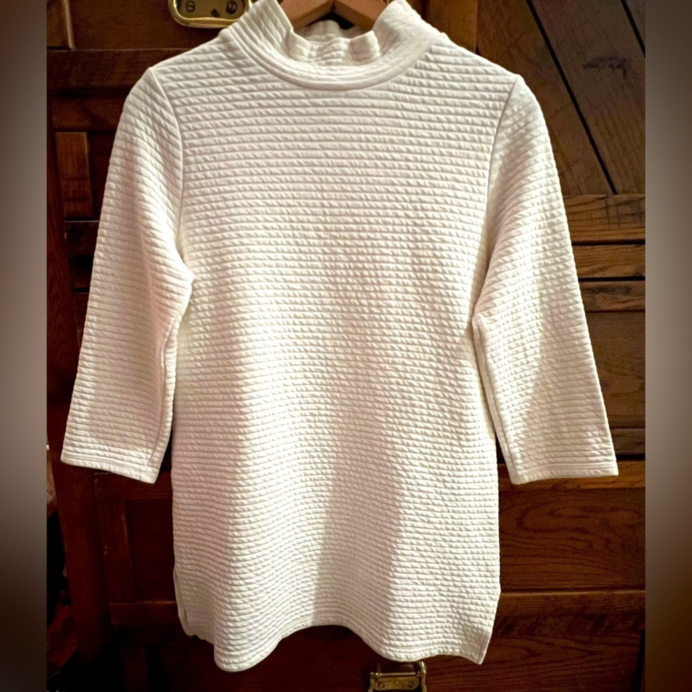Chico’s Oversized Top Ivory Textured Mock Neck 3/4 Sleeve Knit Cotton Blend sz M